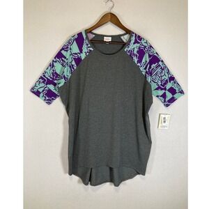 Athleisure LuLaRoe Women L Grey Purple Teal Randy Graphic Raglan Baseball Tee